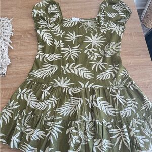 Tropical Leaf Print Kids Dress in Green and White